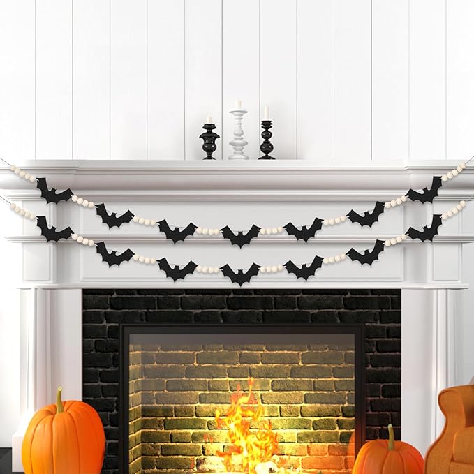 2 Packs Halloween Decorations Garland, Felt Bats Halloween Decor Banner with Wood Beads for Fireplace Mantel Fireplace Home Indoor
