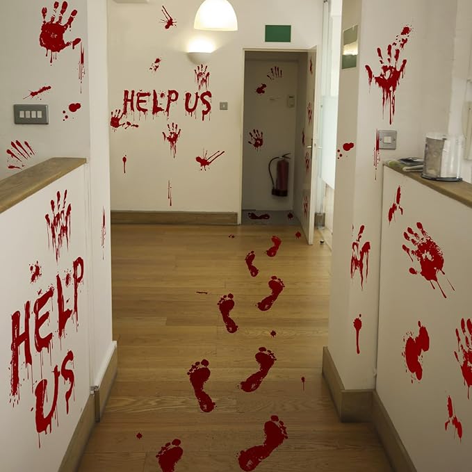 Halloween Window-Clings-Decorations Bloody-Handprint-Footprint Stickers, Scary Halloween Party Indoor/Outdoor Decoration, for Windows, Car - 12 Sheets