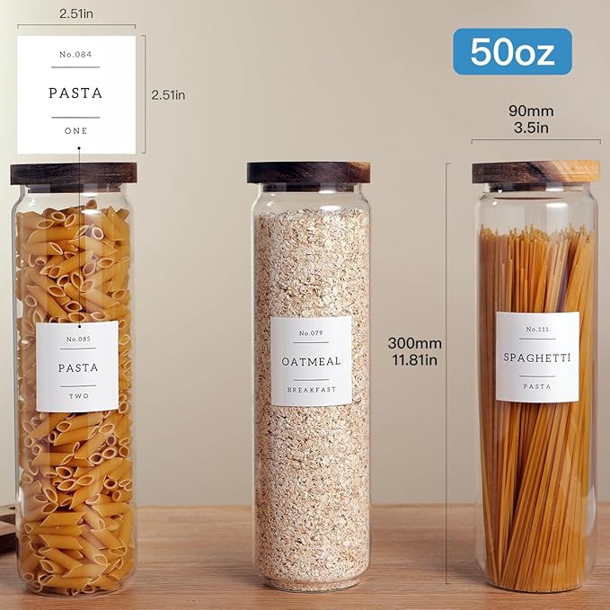 3 Set Glass Pantry Storage Jars with Acacia Airtight Lid - 50oz Thicken Glass Kitchen Canisters with 132 Pantry Labels - Tall Food Storage Containers with Wood Lid for Pasta,Spaghetti,Cereal