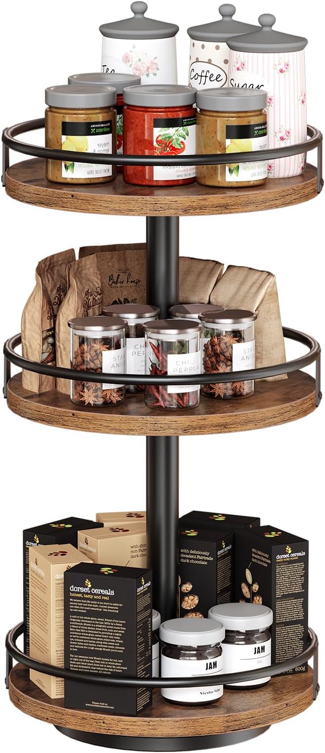 HOOBRO 3-Tier Lazy Susan Organizer, Rotating Spice Rack, Turntable Spice Rack, Vertical Storage Organizer, for Kitchen Countertop, Vanity, Dining Table, Rustic Brown and Black BF09TL01