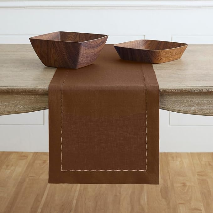 Solino Home Linen Brown Table Runner 108 Inches Long - 100% Pure Linen 14 x 108 Inch Table Runner for Fall, Autumn, Thanksgiving - Classic Hemstitch