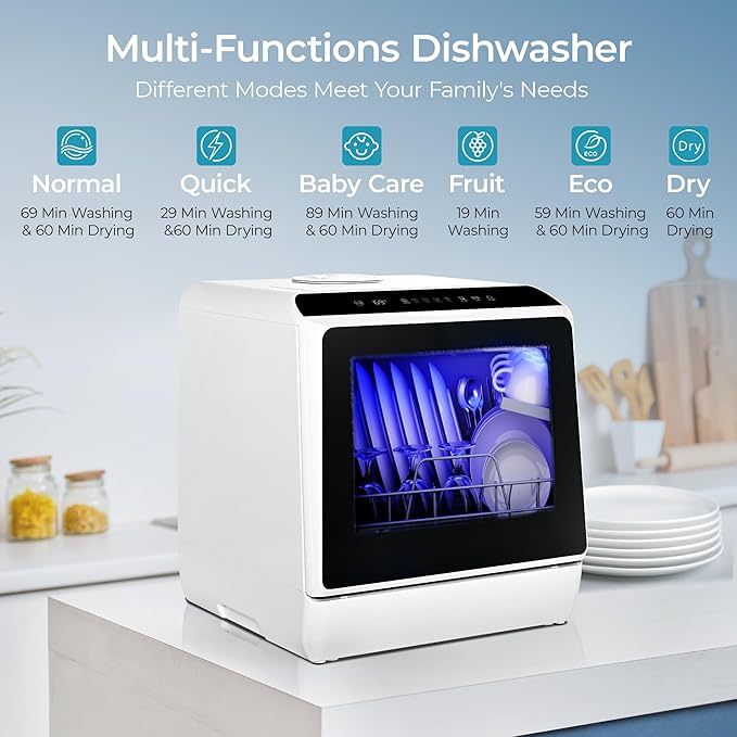 EUHOMY Countertop Dishwasher with 5L Built-in Water Tank& Inlet Hose Portable Mini Dishwashers with 6 Programs for Small Apartments, Dorms and RVs,High-Temp& Air-Dry Function, No Hookup Needed
