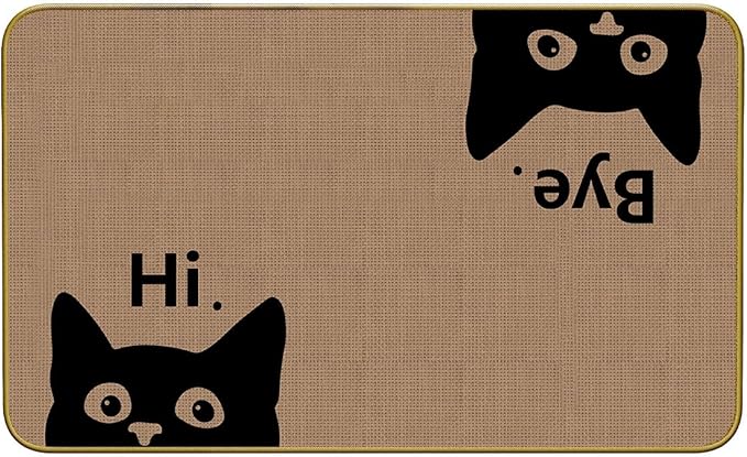 Mingnei Hi Bye Cat Welcome Doormat - Door Mat for Home Kitchen Entrance, Funny Black Cat Lover Floor Mat for Indoor/Outdoor Entryway Rug, 30x17 (Brown)