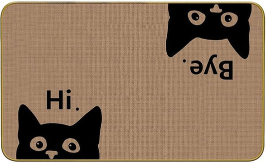 Mingnei Hi Bye Cat Welcome Doormat - Door Mat for Home Kitchen Entrance, Funny Black Cat Lover Floor Mat for Indoor/Outdoor Entryway Rug, 30x17 (Brown)