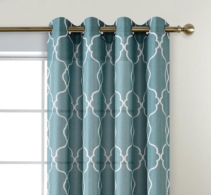 MIUCO Moroccan Embroidered Semi Sheer Curtains Faux Linen Grommet Window Panel Pair for Bedroom 52 x 63 Inch, Teal