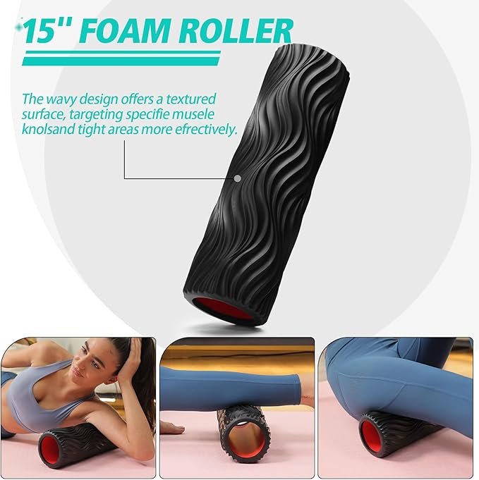 5-in-1 Foam Roller Set, Massage Roller Stick, Massage Ball, Resistance Band for Deep Muscle Massage, Trigger Point Release, Pilates, Yoga (Black-Wave)