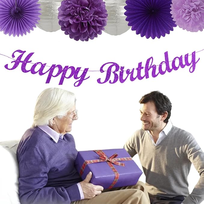 Purple Silver Birthday Party-Decorations Paper-Flowers - 14pcs Happy Banner Lavender Lanterns Tissue Pom Poms,Lilac Streamers Garland Fans,Women Girls Adult Kids Office Hanging Supplies Decor Hugfond