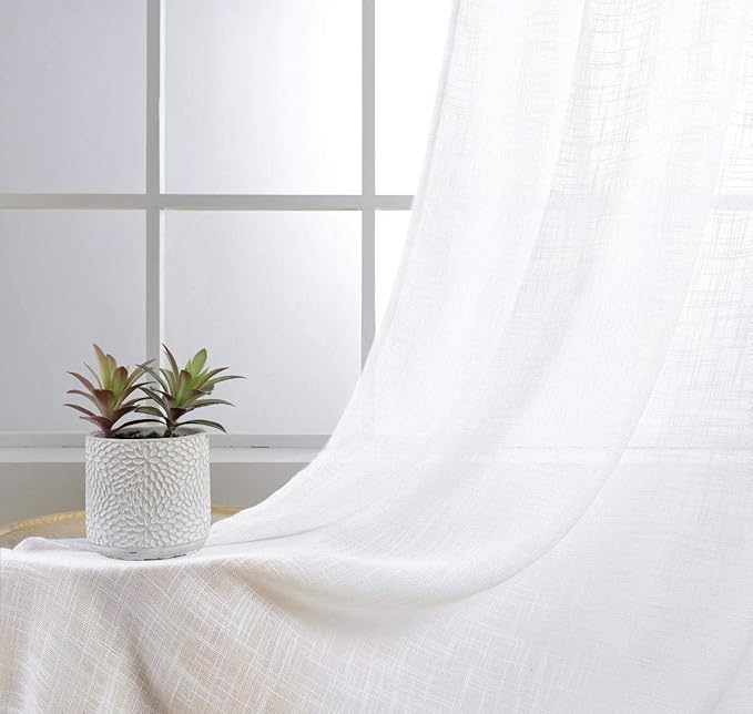 MIUCO White Sheer Curtains Poly Linen Textured Solid Grommet Curtains 63 Inches Long for Bedroom 2 Panels (2 x 37 Wide x 63" Long) White