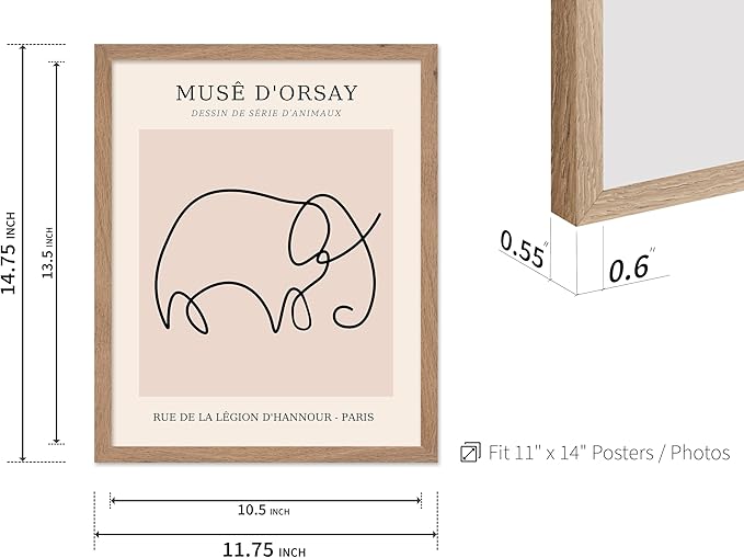 Poster Master Vintage Poster - Retro One Line Elephant Drawing Print - Elephant Art - Minimal Gift for Men, Women, Animal Lover - Abstract Wall Decor for Home, Office, 11x14 Beige Framed
