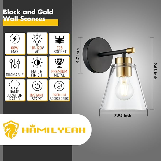 Hamilyeah Black and Gold Wall Sconces Set of 2, Bathroom Sconces Wall Lighting Fixture Indoor with Glass Shade, Mordern Black Wall Sconce Lighting for Kitchen, Hallway, Living Room