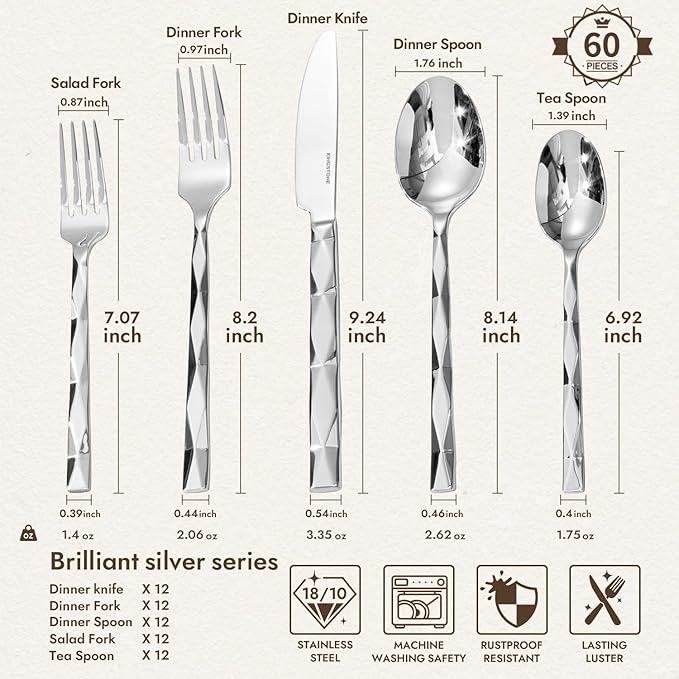 KINGSTONE Silverware Set, Luxury 60 Piece Flatware Set for 12, 18/10 Stainless Steel Cutlery Set with Diamond Cut Pattern for Kitchen, Home, Wedding, Party, Mirror Polished and Dishwasher Safe