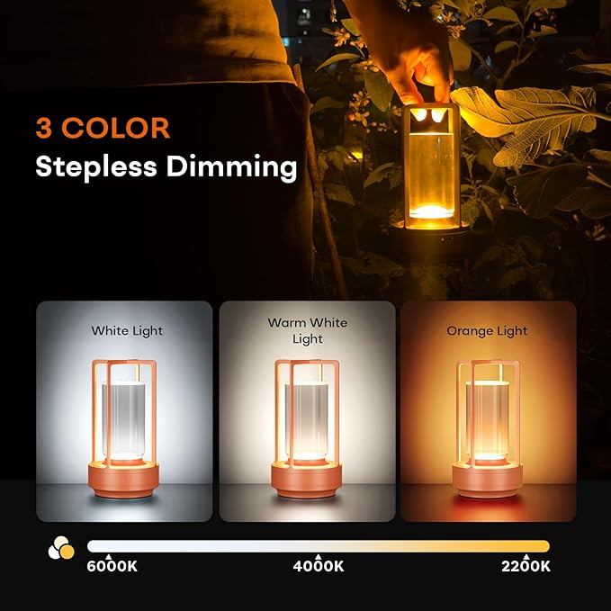 Portable Metal Table Lamp for Indoor/Outdoor ,Rechargeable Cordless LED Lamp, 3-Colour Infinitely Dimming Battery Powered Small Desk Lamp, Restaurant/Bedroom/Bar/Coffee Shop/Camping Light (Orange)