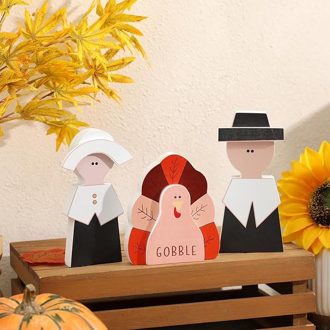 Amorita Fall Thanksgiving Decorations Wooden Turkey Pilgrim Couple Table Sign 3 Pcs Fall Thanksgiving Decor Standing Tabletop Sign Decor for Autumn Harvest - Z
