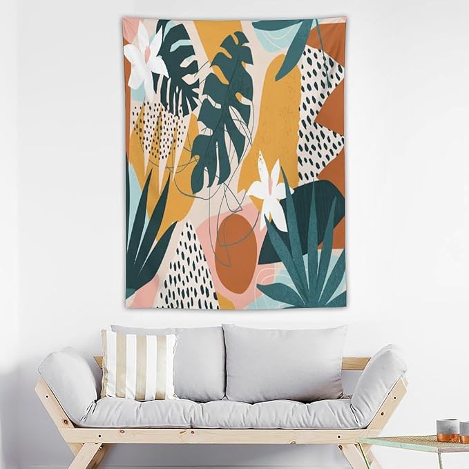 Abstract Bohemian Mid Century Tapestry, Tropical Leaves Modern Geometric Archway Minimalist Bohemian Botanical Aesthetic Wall Hanging, Sage Green Gold Home Decor Art for Bedroom 60x60 Inch