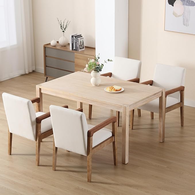 Kmax Modern Dining Chairs Set of 4 Linen Fabric Kitchen Arm Chairs Upholstered Accent Chairs with Wooden Legs for Dining Room, Living Room, Bedroom, White