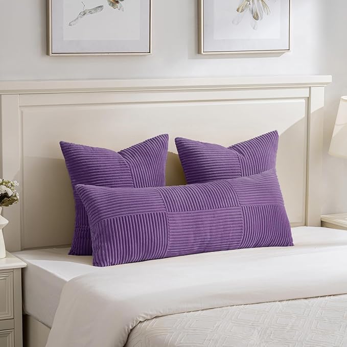 Fancy Homi 2 Packs Purple Decorative Throw Pillow Covers 22x22 Inch for Living Room Couch Bed, Farmhouse Boho Home Decor, Soft Corss Corduroy Patchwork Accent Square Cushion Case 55x55 cm