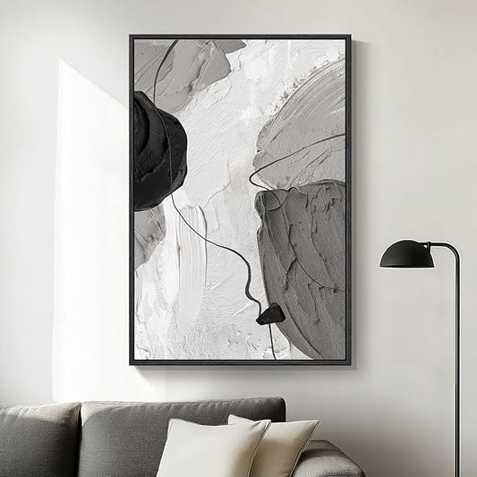 Framed Black and White Abstract Canvas Wall Art, Large Modern Art Prints Paintings Artwork for Walls, Minimalist Gray Pictures for Living Room Bedroom Dining Room Office Bathroom Wall Decor 24x36 In