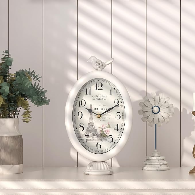 Vintage Table Clock with Bird, Desk and Shelf Decor Clock, French Paris Style, Antique White Metal Mantel Clocks for Living Room, Farmhouse, Bedroom, Bedside, Gift (10" H x 5.9" W)