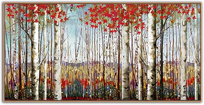 Large Framed Wall Art for Living Room Birch Tree Wall Decor Red Forest Painting Artwork Wall Decoration Nature Pictures Wall Art Fall Above Bed Wall Decor