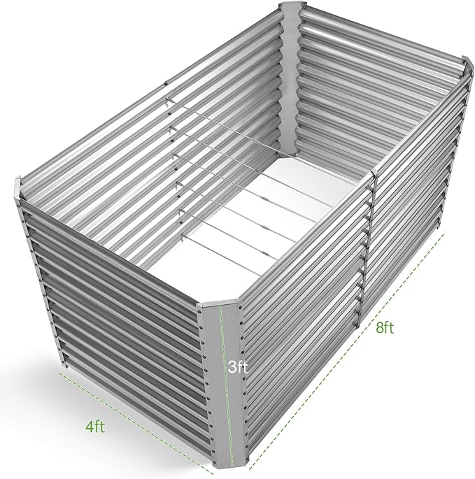 Land Guard 8x4x3ft Rectangular Galvanized Raised Garden Beds, Large-Capacity Metal Planter Box Outdoor, Durable Deep Raised Garden Bed 3ft Tall, Raised Beds for Gardening Vegetables, Classic Silver