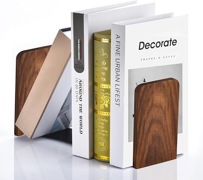 Book Ends, Black Walnut Wooden Bookends for Shelves - Heavy Duty Non-Slip Book Organizers, Upgraded Decorative Bookend Holders for Home, Kitchen, Office, Set of 2, Medium