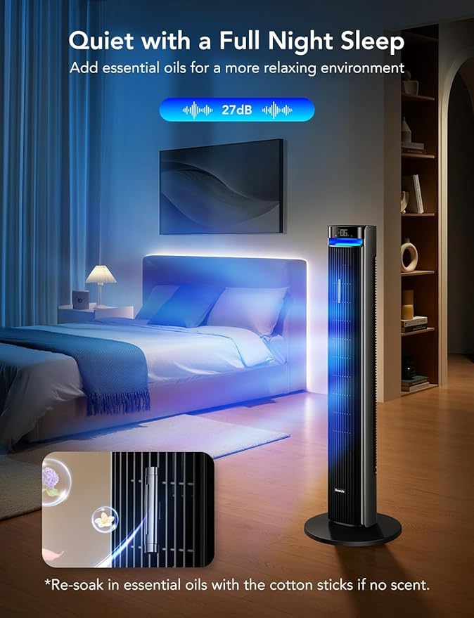 GoveeLife 42'' Tower Fan for Bedroom, Smart Floor Fans with 150° Adjustable Oscillating, APP & Voice Control, 5 Modes 12 Speeds up to 26ft/s, 24H Timer, 27dB Quiet Fan for Cooling Home Office Silver