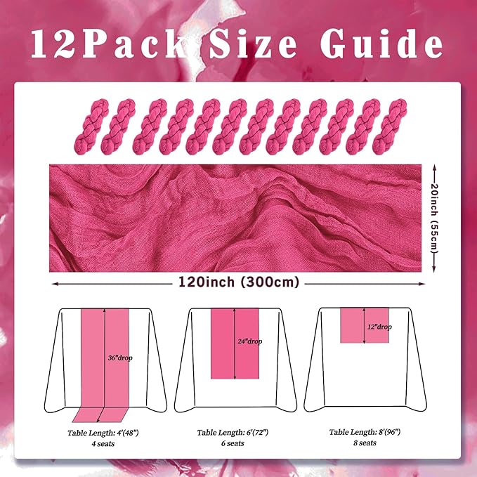 Hot Pink 12 Pack Cheesecloth Table Runner 10FT Boho Fabric Rustic Cheese Cloth Table Runner for Wedding 20 x 120 Inch Long Bridal Shower Baby Shower Gauze Sheer Birthday Party Table Decorations