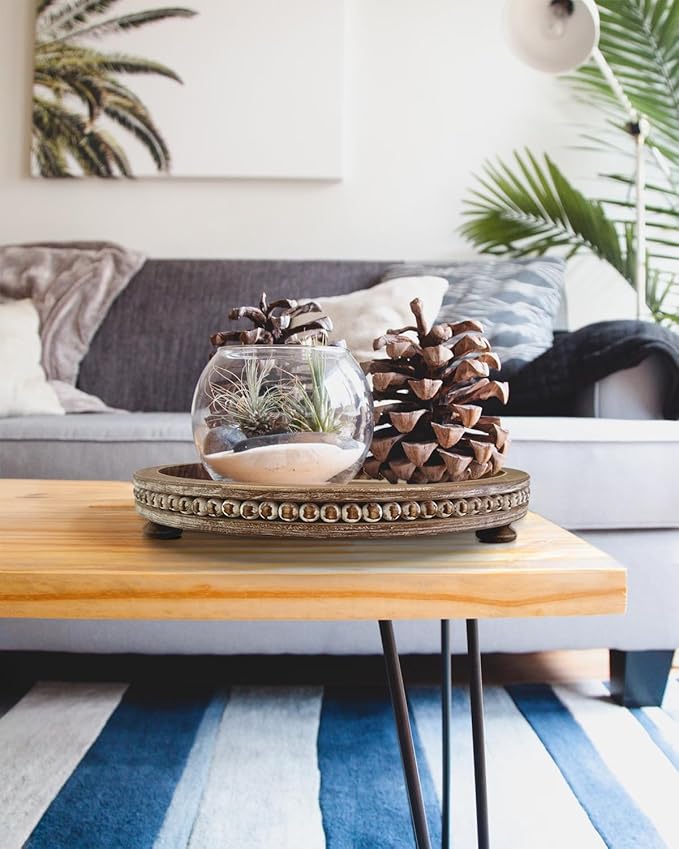 12 Inches Rustic Wooden Decorative Tray, Small Round Beaded Wood Tray for Kitchen Dinning Table Centerpiece Decor Entryway Living Room Home Decor, Brown