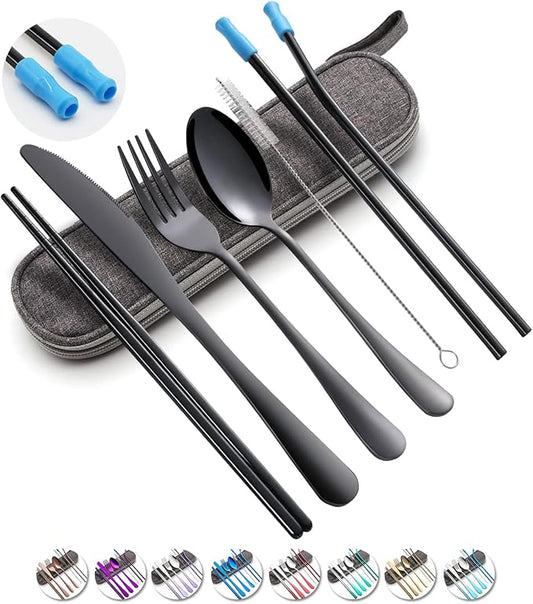 Travel Utensils Set with Case Reusable Portable Cutlery Set Stainless Steel 8pcs Including Dinner Knife Fork Spoon Chopsticks straws(Black)