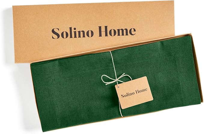 Solino Home Linen Table Runner 60 Inches - 100% Pure Linen Pine Green Table Runner 14 x 60 Inch Ideal for Dresser and Coffee Tables - Fall, Autumn, Thanksgiving - Fete