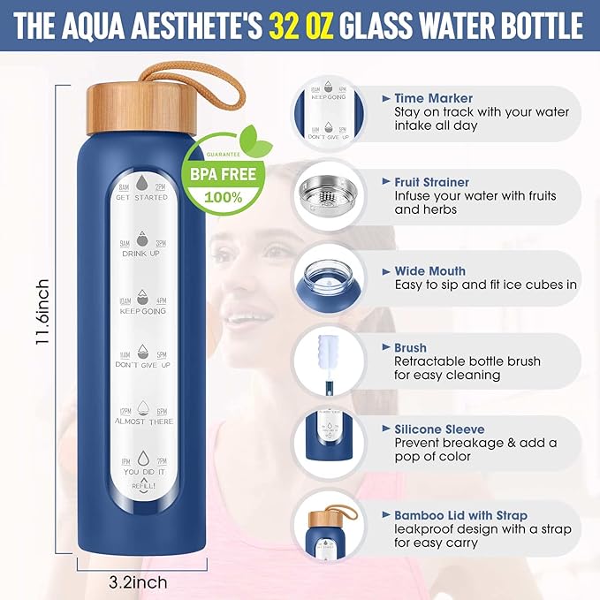 Aqulea Glass Water Bottles 32 Oz with Silicone Sleeve - BPA Free Reusable Wide Mouth Glass Motivational Water Bottles with Fruit Infuser – Leak Proof Borosilicate Water Bottle with Time Marker (Blue)