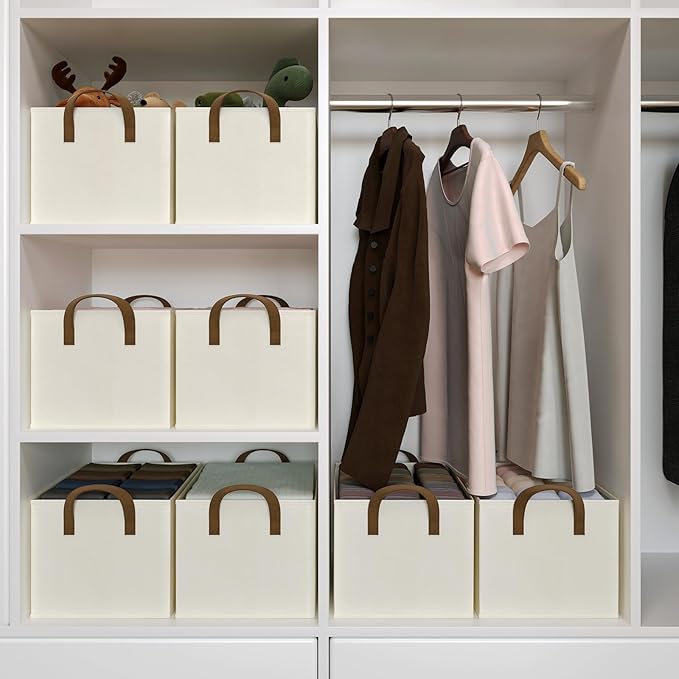 Closet Storage Bins, Fabric Closet Organizers and Storage Basket for Shelves, Collapsible Shelf Baskets for Organizing Shelves, Bedroom Clothes Basket, Beige, 3 Pack