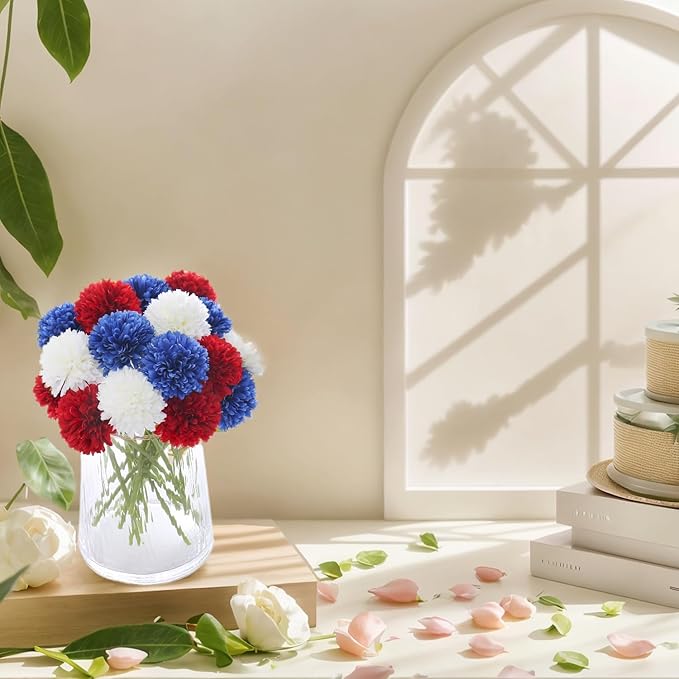 Kimura's Cabin 21Pcs Faux Chrysanthemum Flowers 4th of July Patriotic Flower Decor Artificial Mums Memorial Day Fake Ball Flower Home Event Table Centerpieces DIY Decoratio (Red White Blue