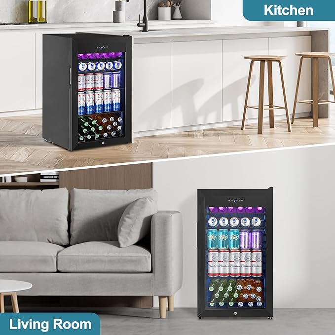 Beverage Refrigerator Cooler, 128 Cans 3.2 Cu.Ft Mini Fridge Glass Door for Drink Beer Soda Wine, Small Fridge with 4 Adjustable Removable Shelves for Kitchen, Bedroom, Office, Bar, Gaming Room, Black