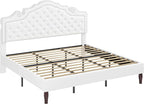 Allewie King Bed Frame with Adjustable Velvet Tiara Headboard, Upholstered Diamond Button Tufted Platform Bed, Wood Slats Support, No Box Spring Needed, Mattress Foundation, Easy Assembly, White