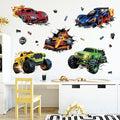 3D Racing Cars Wall Decals - Truck Bursting Through Wall, F1 Racing Cars Wall Stickers for Kids Room Boys Bedroom