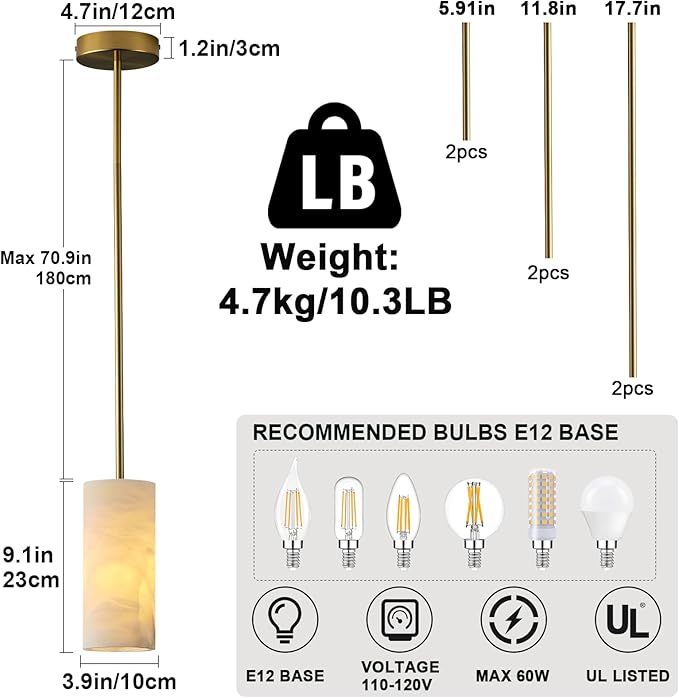 Alabaster Pendant Light Kitchen Island, H-9.5in Brass Pendant Light Fixtures with Natural Marble Shade, Adjustable Ceiling Pendant for Dining Room, Living Room, Bedroom & Bathroom
