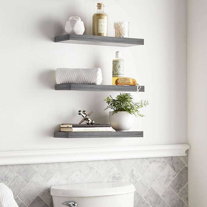BAYKA Floating Shelves for Wall, 22.5 inches Wall Mounted Rustic Wood Shelves for Bathroom, Bedroom, Living Room, Floating Shelves for Books/Storage/Decor (Grey,Set of 3)