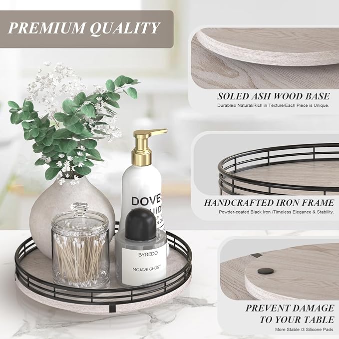 9" Wooden Lazy Susan Organizer for Cabinet, Turntable Round Decorative Tray for Kitchen Sink, Countertop Organizer, Bathroom Counter Organizer for Skincare Makeup, Rustic White