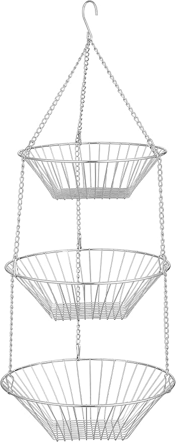 3-Tier Wire Fruit Hanging Basket 2 Packs, non-Punching Wall Hanging Storage, Kitchen Bathroom Organization Basket, Suitable for Bathroom, Kitchen, Closet, Garden, Chrome