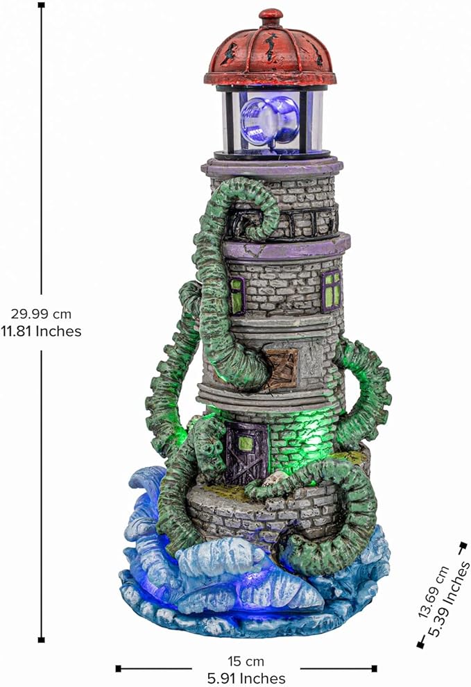 Lighthouse Attack Kraken Theme Spooky Halloween Village Multi-Color LED Lights, Animated Rotating Food Light and Music 6" x 5.5" x 12"