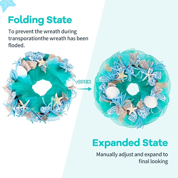 26 Inch Coastal Seashell Large Wreath with Natural Starfish & Scallops Shell, Lake Blue Beach Style Front Door Wreath with for Spring Summer, Farmhouse Rustic Indoor Outdoor Home Wall Wedding Decor