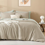 Litanika Comforters Oatmeal Oversized King Size, 3 Pieces Lightweight Solid Bedding Comforter Set, All Season Fluffy Bed Set (120x98In Comforter & 2 Pillowcases)