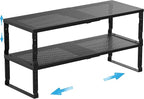 Expandable Spice Rack Kitchen Cabinet Shelf Organizer, Stackable Storage Shelves Racks, Adjustable Counter Shelving for Cabinets, Countertop, Cupboard,Pantry and More(2Packs/Black/Medium)