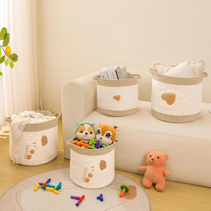 Large Blanket Baskets for Living Room Decor, Toy Storage Baskets Woven Cotton Rope Storage Basket for Kids, Dog Toys Organizer Clothes Hamper with Embroidery Decor for NurseryLaundry (Large, Giraffe)