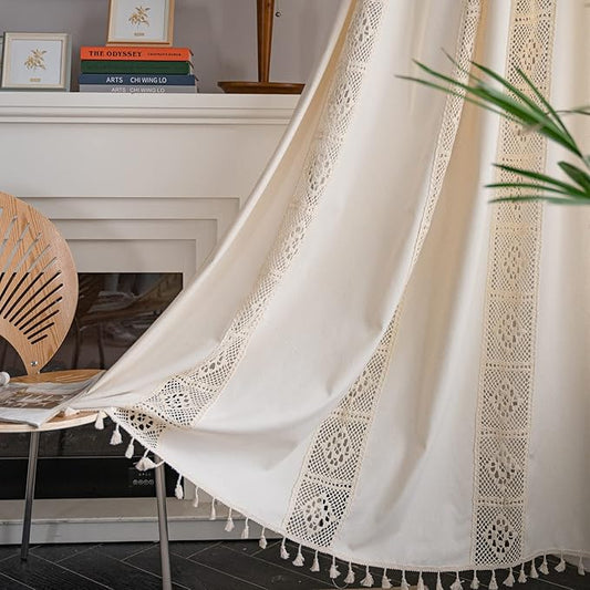 Sutuo Home Boho Curtain Crochet Lace Patchwork Semi-Blackout Bohemian Handmade Tassels, Rod Pocket Window Treatment Vintage Rustic Farmhouse Drapes for Bedroom, 1 Panel 59" W x 96" L, Beige