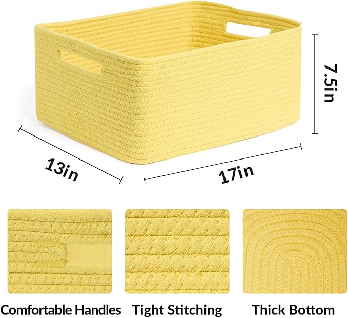 Large Storage Baskets for Shelves, Closet Organizers Bins for Clothes Blanket Towels, Baby Nursery, Toy Baskets Box, Woven Rope Baskets, 17 x 13 x 7.5”, 3 Packs Yellow