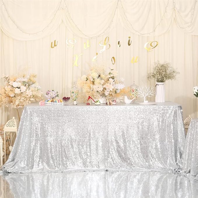 SquarePie Sequin Tablecloth 90 x 156 Inch Silver Sparkly Table Linen for Wedding Party