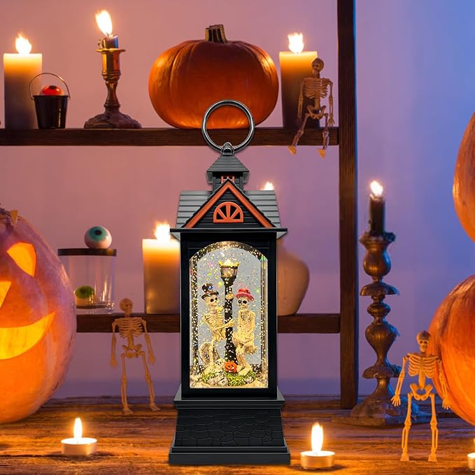 Halloween Snow Globe Lantern with 6 Hour Timer,Halloween Decorations Indoor for Home,Halloween Decor,USB or Battery Powered for Halloween Lanterns,Halloween Skeleton-A