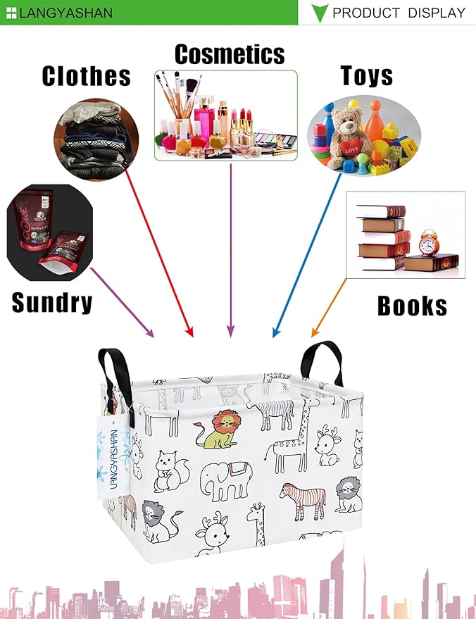 LANGYASHAN Rectangular Storage Bin Collapse Canvas Fabric Cartoon Storage Basket with Handles for Organizing Home Kitchen Boys and Girls Toys Office Closet Shelf Baskets (Rec Simplified Zoo)